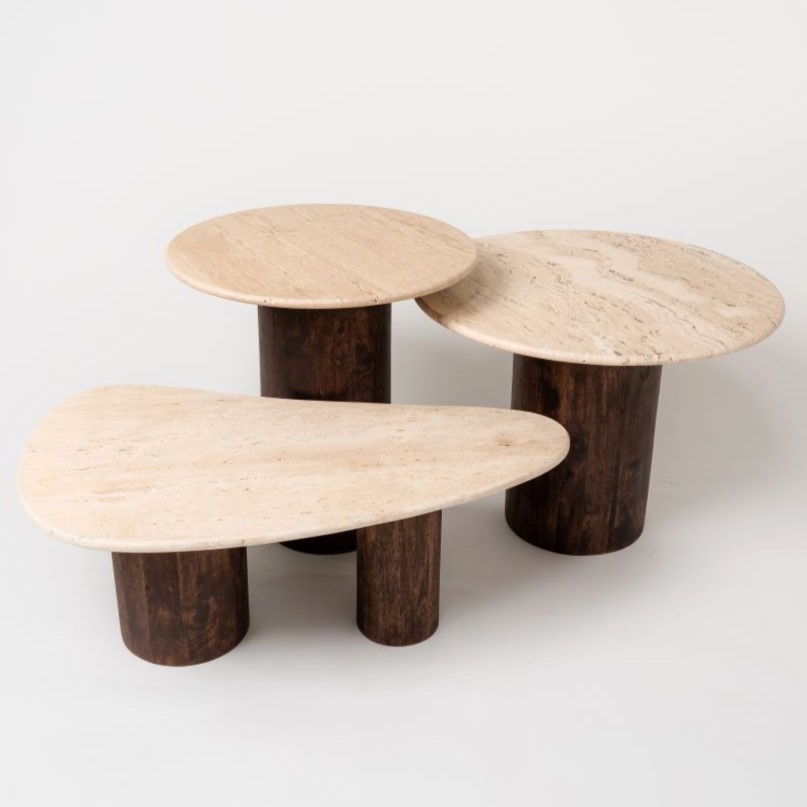 Travertine on wood tables - Set of 3