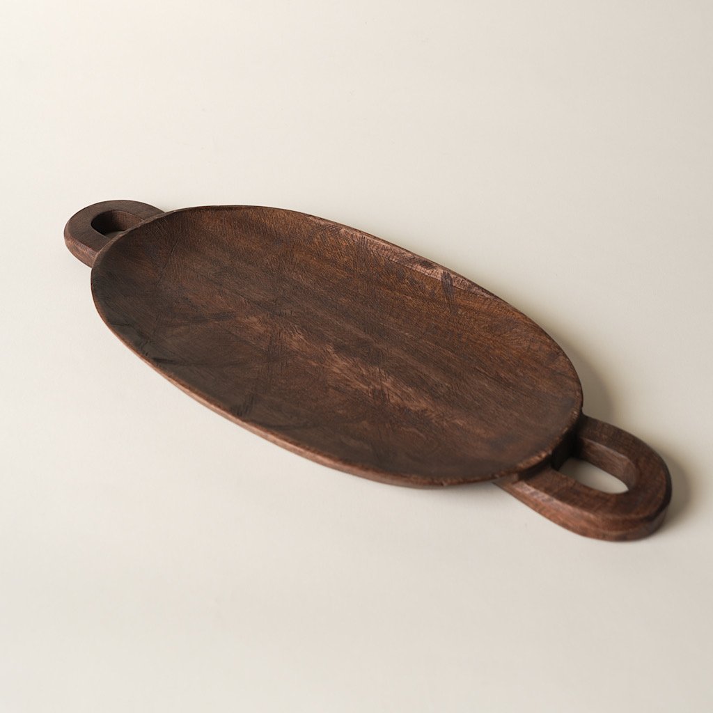 WOODEN OVAL TRAY WITH SIDE HANDLES